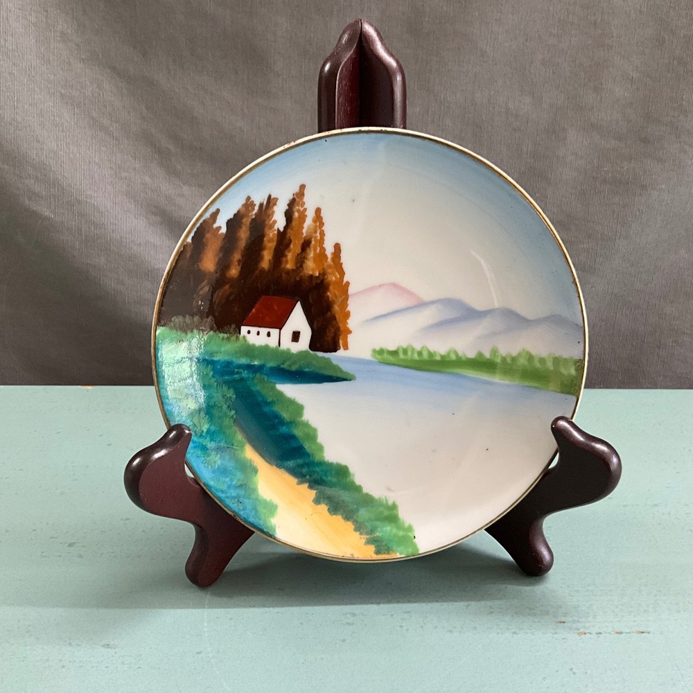 Relco Japan Vintage Hand Decorated Porcelain Landscape Plate Cottage Lake 5.25in